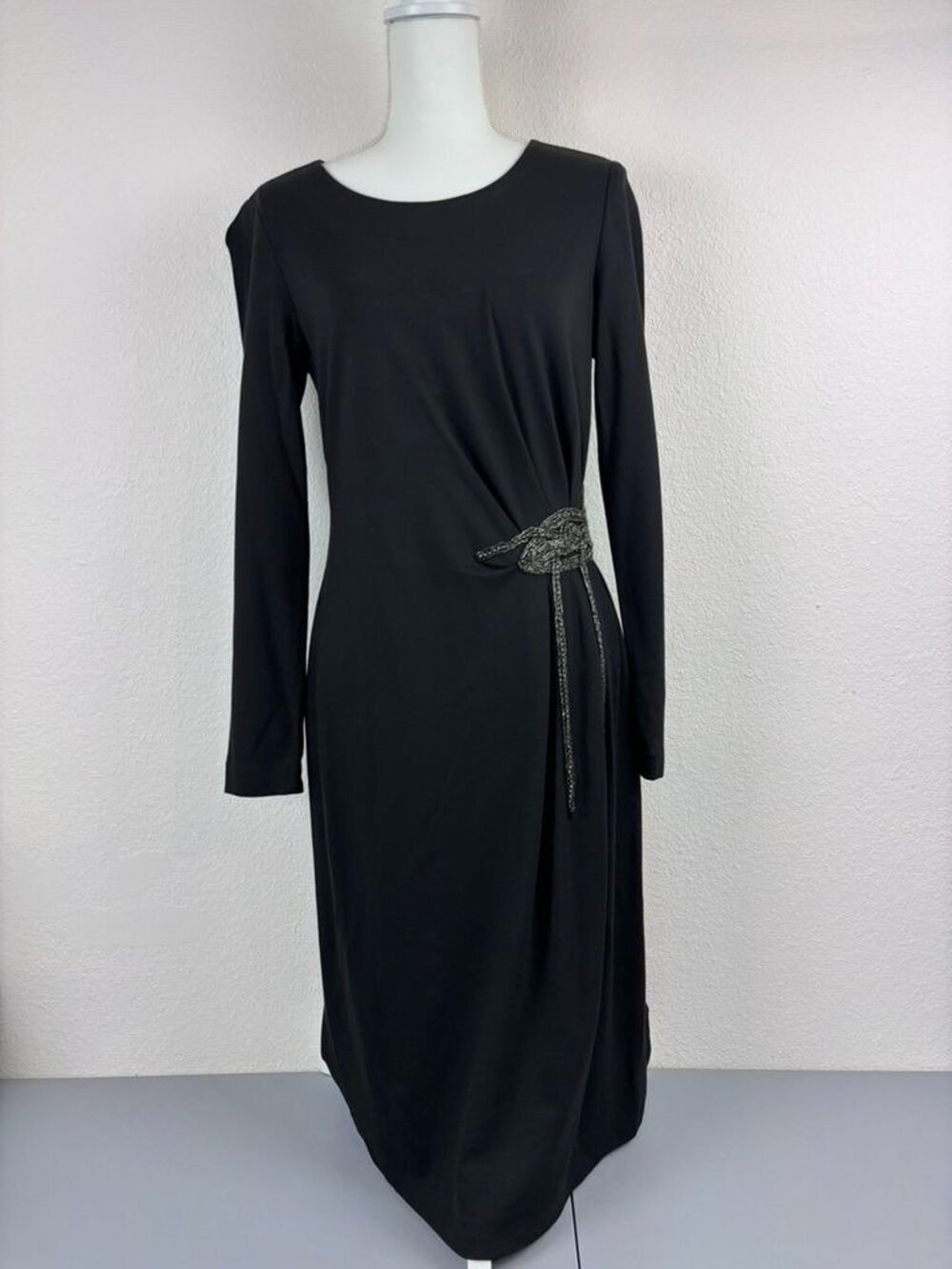 Lafayette 148 6 black long sleeve knee length beaded ruch fitted evening dress
